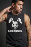 Siyah Erkek Pamuklu Antrenman Sporcu Atleti Oversize Yıkamalı Bad Bunny Baskılı Kolsuz T-Shirt