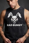 Siyah Erkek Pamuklu Antrenman Sporcu Atleti Oversize Yıkamalı Bad Bunny Baskılı Kolsuz T-Shirt