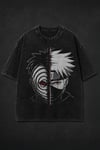 Siyah Yıkamalı Anime Naruto Kakashi ve Obito Unisex T-Shirt