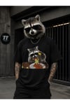 Çiğ Köfte Yiyen Cool Rakun Baskılı Funny Meme Siyah Unisex Pamuklu Tişört - T-Shirt