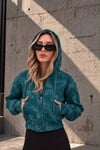 Crop Model Fermuarlı Kapüşonlu Galaktik Desen Yıkamalı Kalın Kumaş Kısa Sweatshirt Hırka - Hırka & Sweatshirt