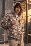 Erkek Kahverengi Bej Gri Kamuflaj Desenli Fermuarlı Kapüşonlu Kanguru Cepli 2 İplik Sweatshirt Hırka - Hırka & Sweatshirt