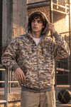 Erkek Kahverengi Bej Gri Kamuflaj Desenli Fermuarlı Kapüşonlu Kanguru Cepli 2 İplik Sweatshirt Hırka - Hırka & Sweatshirt