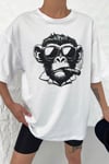 Unisex Beyaz Oversize Techno Maymun Baskılı Tişört
