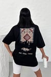 Unisex Siyah Oversize Halı Kilim Travel Desenli Techno Tişört