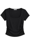 1006 Kadın Pamuklu Kare Yaka Yan Büzgü Detaylı Basic Crop T-Shirt Bluz Siyah