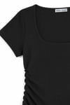 1006 Kadın Pamuklu Kare Yaka Yan Büzgü Detaylı Basic Crop T-Shirt Bluz Siyah