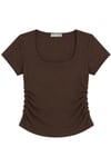 1006 Kadın Pamuklu Kare Yaka Yan Büzgü Detaylı Basic Crop T-Shirt Bluz Kahverengi