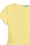1006 Kadın Pamuklu Kare Yaka Yan Büzgü Detaylı Basic Crop T-Shirt Bluz Tereyağı Sarısı