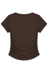 1006 Kadın Pamuklu Kare Yaka Yan Büzgü Detaylı Basic Crop T-Shirt Bluz Kahverengi