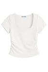 1006 Kadın Pamuklu Kare Yaka Yan Büzgü Detaylı Basic Crop T-Shirt Bluz Beyaz