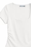 1006 Kadın Pamuklu Kare Yaka Yan Büzgü Detaylı Basic Crop T-Shirt Bluz Beyaz