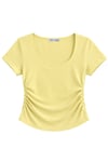 1006 Kadın Pamuklu Kare Yaka Yan Büzgü Detaylı Basic Crop T-Shirt Bluz Tereyağı Sarısı