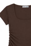 1006 Kadın Pamuklu Kare Yaka Yan Büzgü Detaylı Basic Crop T-Shirt Bluz Kahverengi