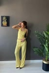 1010 Kadın Bürümcük Dokulu Halter Yaka Crop Atlet Bol Paça Pantolon Takım Terayağı Sarısı
