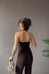 1010 Kadın Bürümcük Dokulu Halter Yaka Crop Atlet Bol Paça Pantolon Takım Kahverengi