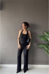 1010 Kadın Bürümcük Dokulu Halter Yaka Crop Atlet Bol Paça Pantolon Takım Siyah