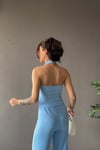 1010 Kadın Bürümcük Dokulu Halter Yaka Crop Atlet Bol Paça Pantolon Takım Bebe Mavi