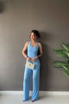 1010 Kadın Bürümcük Dokulu Halter Yaka Crop Atlet Bol Paça Pantolon Takım Bebe Mavi