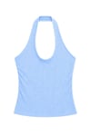 1010 Kadın Bürümcük Dokulu Halter Yaka Crop Atlet Bol Paça Pantolon Takım Bebe Mavi