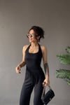 1010 Kadın Bürümcük Dokulu Halter Yaka Crop Atlet Bol Paça Pantolon Takım Siyah