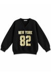 1046 Kadın V Yaka New York Baskılı 3 İplik Pamuklu Sweatshirt Siyah