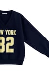 1046 Kadın V Yaka New York Baskılı 3 İplik Pamuklu Sweatshirt Lacivert