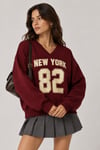 1046 Kadın V Yaka New York Baskılı 3 İplik Pamuklu Sweatshirt Bordo
