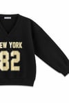 1046 Kadın V Yaka New York Baskılı 3 İplik Pamuklu Sweatshirt Siyah