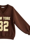 1046 Kadın V Yaka New York Baskılı 3 İplik Pamuklu Sweatshirt Kahverengi