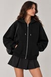 1048 Kadın Fermuarlı Kapüşonlu Kanguru Cepli 3 İplik Pamuklu Sweatshirt Siyah