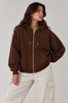 1048 Kadın Fermuarlı Kapüşonlu Kanguru Cepli 3 İplik Pamuklu Sweatshirt Kahverengi