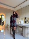 Bordo Gri Baklava Desen Vatkalı Triko Elbise