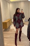 Bordo Gri Vatkalı Triko Elbise
