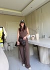 Kahve Belden Oturtmalı Bluz Pantolon Takım