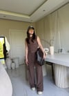Kahve Belden Oturtmalı Bluz Pantolon Takım