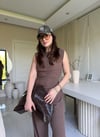 Kahve Belden Oturtmalı Bluz Pantolon Takım