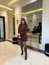 Kahve Gold Düğmeli Etek Ve Hırka Takım 