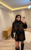 Kahve Siyah Baklava Desen Vatkalı Triko Elbise