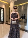 Kahverengi Desenli Halter Yaka Astarlı Elbise