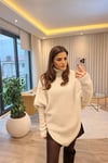 Krem Balıkçı Yaka Panço Kazak