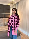 Pembe-Bordo Baklava Desen Atkılı Kazak