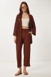 Kadın Kahverengi Kimono Pantolon Örme Takımı BY00050