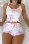 Beyaz Fiyonk Desenli Crop Pijama Takımı