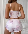 Beyaz Fiyonk Desenli Crop Pijama Takımı