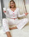 Beyaz Uzun Kollu Pamuklu Kalpli Fiyonklu Pijama Takım