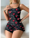 Kadın Siyah Öpücük Desenli Şortlu Pijama Takımı