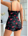 Kadın Siyah Öpücük Desenli Şortlu Pijama Takımı