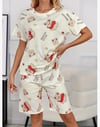 Krem Pamuklu Ayıcık Baskılı Şortlu Pijama Takımı