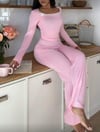 Pembe Dantelli Fiyonk Detaylı Uzun Pamuk Viskon Pijama Takımı
